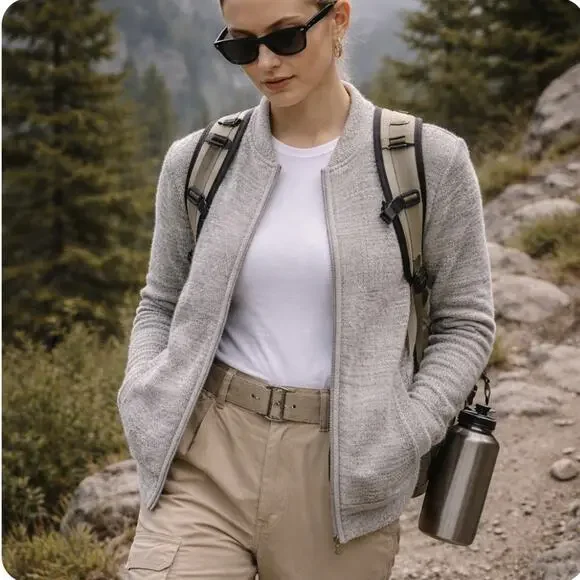 Calvin Klein Sz L Full zip snap pckt LS Txtrd Heather Gray - Picture 1 of 4